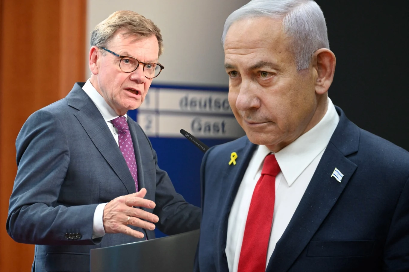 Niemieckie MSZ ostrzega Izrael przed izolacją w kwestii uznania państwowości Palestyny Dwóch mężczyzn w garniturach, z których jeden przemawia przy mównicy, a drugi stoi z poważnym wyrazem twarzy, obaj widoczni na neutralnym tle konferencyjnym