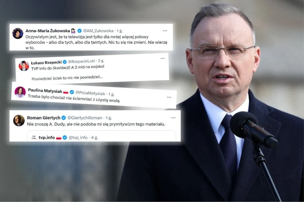 W sieci fala komentarzy polityków po materiale opublikowanym przez TVP Info Prezydent Andrzej Duda stojący za mównicą z mikrofonem, z nałożonymi cytatami z mediów społecznościowych, w których politycy i komentatorzy wyrażają kontrowersyjne opinie na temat telewizji publicznej oraz osoby prezydenta.