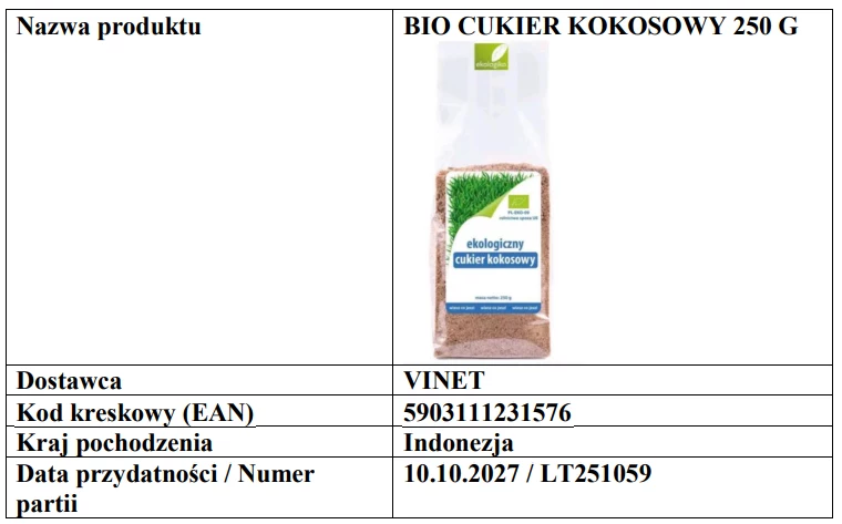 Opakowanie bio cukru kokosowego o gramaturze 250 g, oznaczone certyfikatem ekologicznym, wraz z informacjami jak: dostawca, kraj pochodzenia Indonezja, kod EAN oraz data przydatności do spożycia
