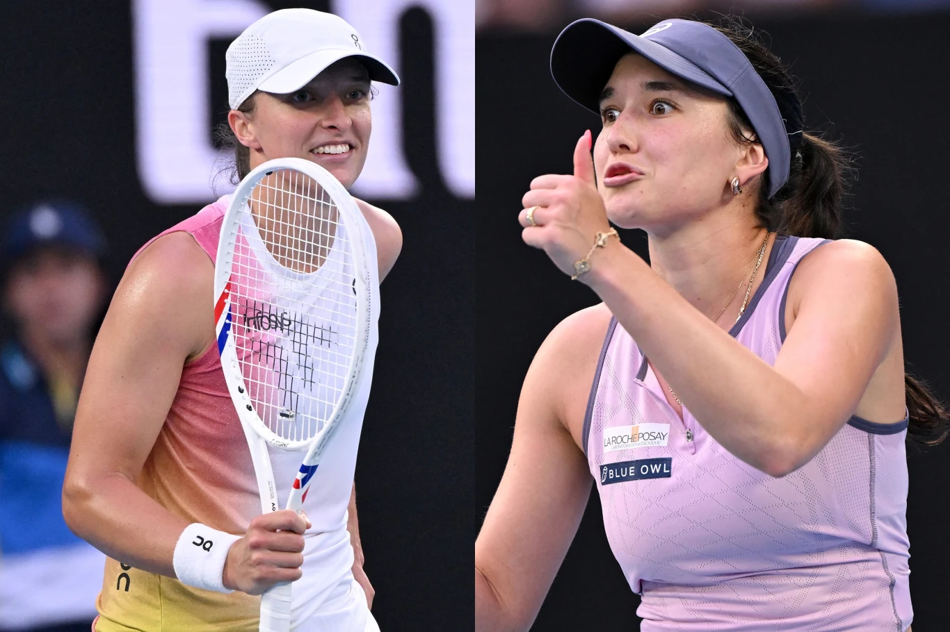 Iga Świątek i Eva Lys po raz ostatni grały w Melbourne. Polka potrzebowała niecałej godziny by triumfować 6:0, 6:1 Dwie kobiety ubrane w stroje sportowe na korcie tenisowym, jedna z rakietą tenisową, druga pokazująca gest kciuka w górę, obie wyglądają na skupione i zaangażowane w grę.