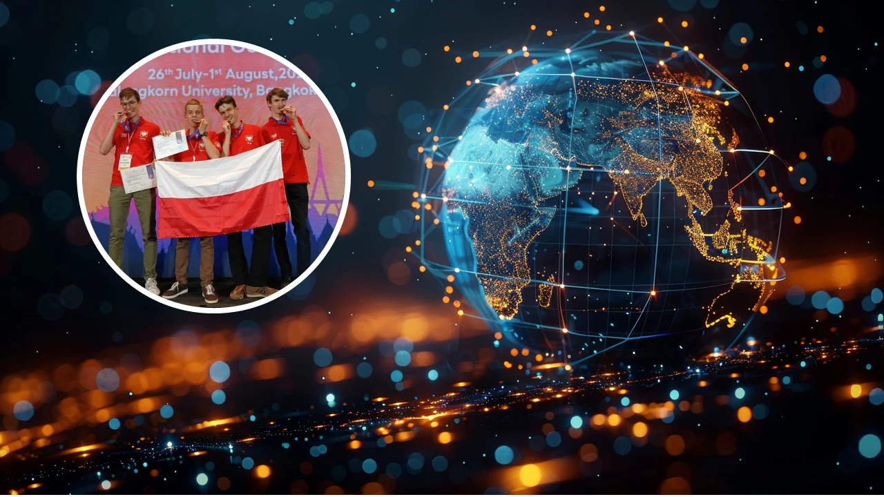 Polscy uczniowie świętują sukces. Złoto, dwa srebra i brąz na Międzynarodowej Olimpiadzie Geograficznej Grupa młodych osób ubranych w czerwone koszulki trzymających polską flagę na tle planszy z informacją o wydarzeniu, po prawej stronie graficzne przedstawienie Ziemi z siecią połączeń symbolizującą globalną komunikację.