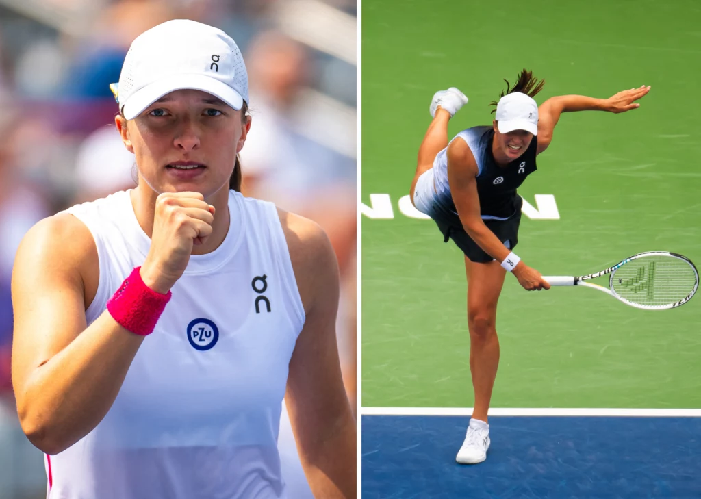 Tenisistka w białej czapce i sportowym stroju podczas meczu, po lewej stronie zbliżenie twarzy z lekko zaciśniętą pięścią, po prawej wykonuje serwis na korcie tenisowym.