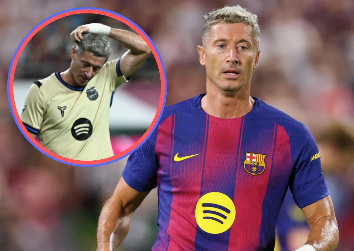 Robert Lewandowski w blond włosach Piłkarz w koszulce FC Barcelony podczas meczu, w tle wstawione zbliżenie tej samej osoby w innej koszulce sportowej, z ręką na głowie, sugerując chwilę znużenia lub refleksji.