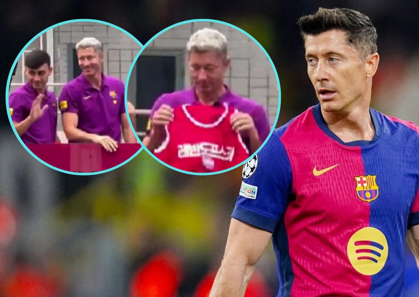 Piłkarz w koszulce FC Barcelony z herbem klubu i logotypem sponsora, w tle dwa wstawione okrągłe kadry z osobami ubranymi na fioletowo oraz mężczyzną trzymającym koszulkę piłkarską.