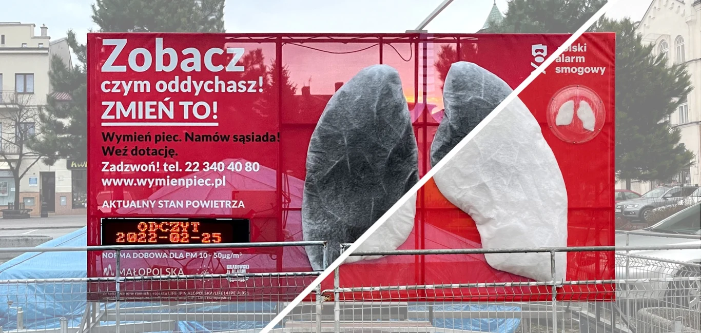 Dwuczęściowa instalacja na ulicy pokazuje dwie makiety płuc – jedno ciemne i zabrudzone, drugie jasne i czyste. Na czerwonym tle widoczne są napisy zachęcające do wymiany pieców oraz informacje na temat smogu i aktualnego stanu powietrza.