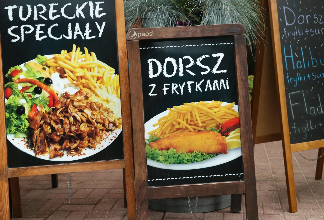 Tablice reklamowe z ofertami dań, jedna z nich prezentuje talerz z dorszem i frytkami, druga oferuje tureckie specjały z frytkami, mięsem i sałatką.