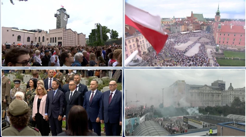 Obchody 81. rocznicy wybuchu Powstania Warszawskiego Tłumy ludzi zgromadzone podczas oficjalnych uroczystości, narodowych obchodów lub demonstracji, polska flaga powiewająca nad tłumem, obecność przedstawicieli władz i wyraźny patriotyczny charakter wydarzenia.
