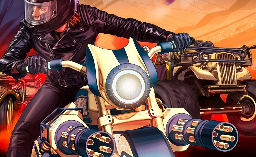GTA Online Motocyklista w czarnym kasku i skórzanej kurtce prowadzi futurystyczny motocykl wyposażony w dwa duże działka, w tle samochód terenowy na dużych oponach, dynamiczna scena akcji z intensywnymi kolorami.
