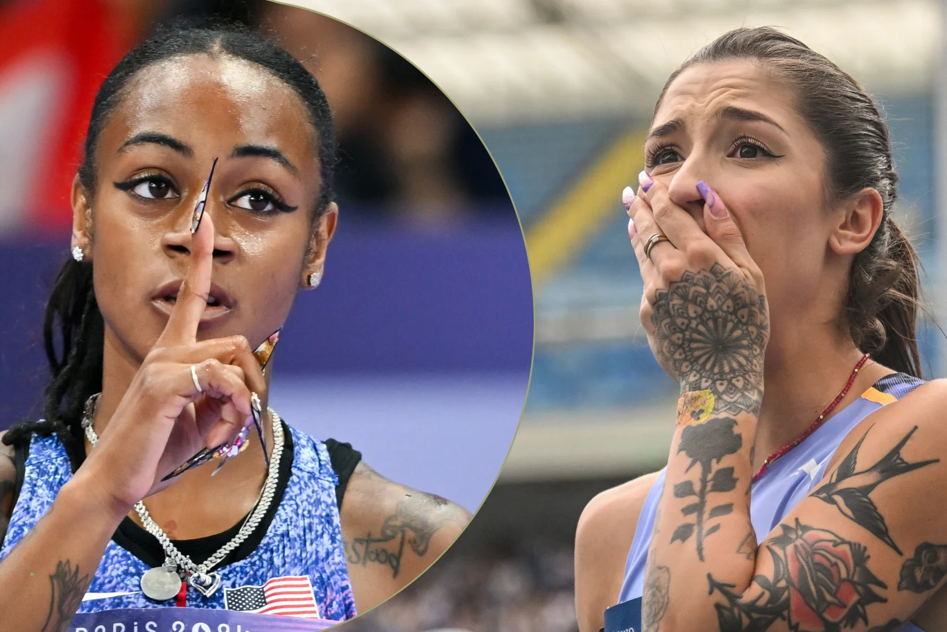 Dwie kobiety w sportowych strojach, jedna z nich przykłada palec do ust w geście uciszenia, druga z ręką zakrywającą usta i wyrazem zaskoczenia na twarzy, widoczne liczne tatuaże.