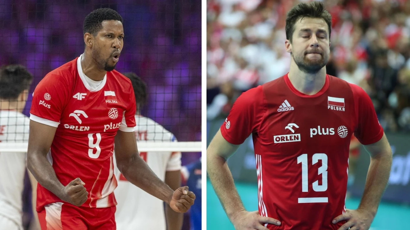 Michał Kubiak i Wilfredo Leon Dwóch siatkarzy ubranych w czerwone koszulki reprezentacji Polski, jeden wyraża emocje po udanej akcji z zaciśniętymi pięściami, drugi stoi z zamkniętymi oczami i rękami na biodrach, wyrażając emocje po nieudanej akcji.