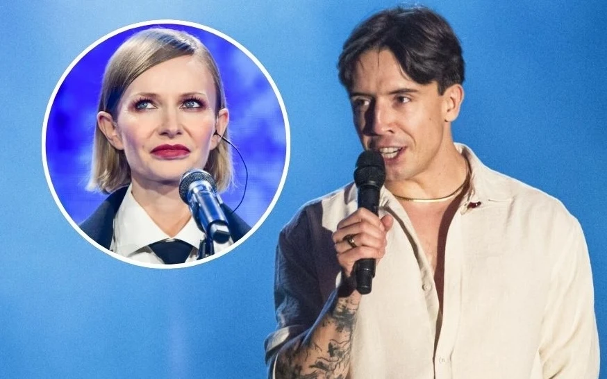 Katarzyna Stankiewicz i Dawid Kwiatkowski byli na ustach wszystkich po koncercie TVP Dwójka artystów na scenie, kobieta trzyma mikrofon, ma elegancki makijaż i krótko ścięte blond włosy, mężczyzna z tatuażami na przedramionach i mikrofonem w dłoni ubrany w jasną, rozpiętą koszulę. Oba ujęcia umieszczone na niebieskim tle, z twarzami wi...