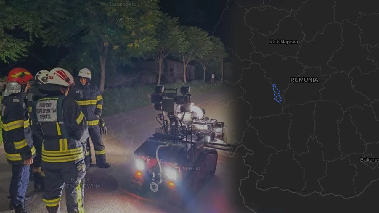 Pożar w fabryce broni w Rumunii Grupa strażaków w odzieży ochronnej stoi przy robocie wykorzystywanym najprawdopodobniej do neutralizacji zagrożeń, obok widoczna mapa Rumunii z zaznaczonym rejonem.