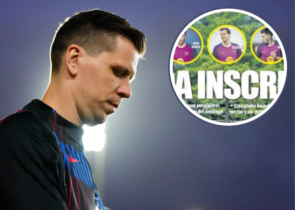 Wojciech Szczęsny - bramkarz FC Barcelona - kolejny raz trafił na okładkę "Mundo Deportivo" Piłkarz w sportowym stroju stoi z opuszczoną głową na tle rozmytego oświetlenia stadionu, w prawym górnym rogu znajduje się wstawka z grafiką przedstawiającą kilku innych zawodników i tekstem reklamowym.