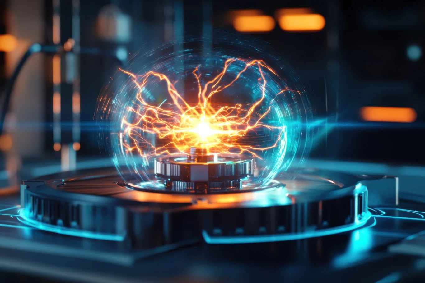 Sztuczna inteligencja pomogła odkryć tajemnice fizyki kosmicznej plazmy. lata badań do zmiany Energetyczna kula plazmy otoczona przez futurystyczne urządzenie laboratoryjne, z wyraźnie widocznymi błyskami elektryczności i nowoczesnym otoczeniem technologicznym.