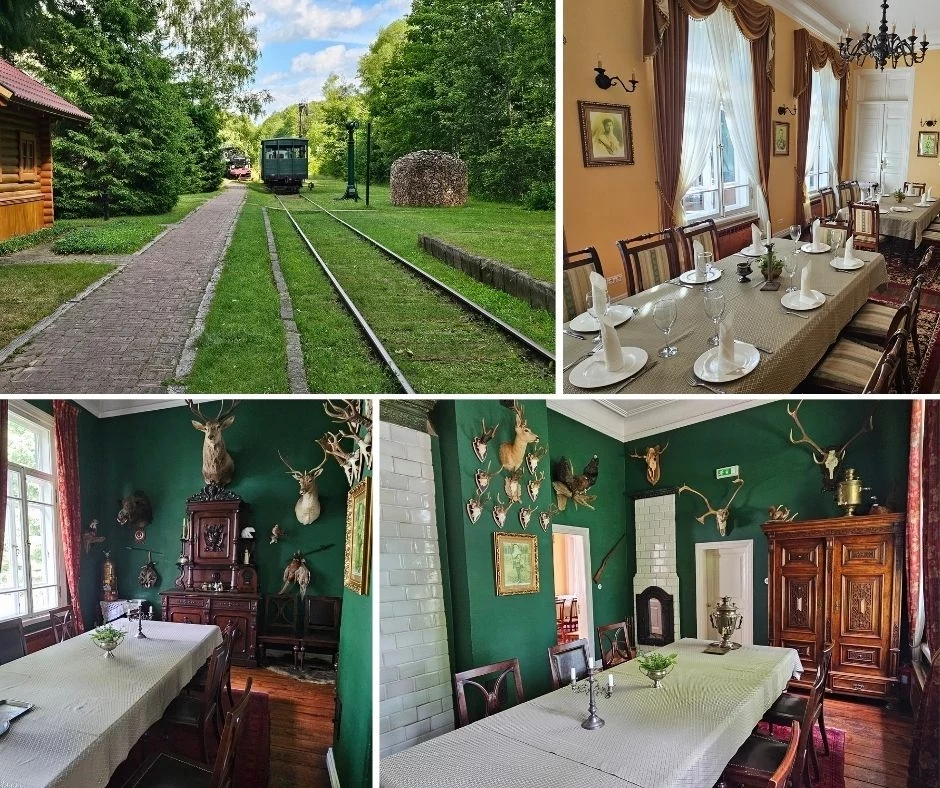 Restauracja Carska oferuje m.in. dania z dziczyzny Stara leśna kolejka na torach w otoczeniu zieleni, elegancka jadalnia z długim stołem i nakryciami, pokoje z historycznymi meblami, liczne trofea myśliwskie i klasyczne dekoracje na ścianach.