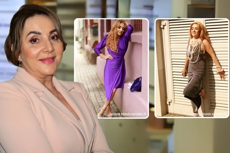 Metamorfoza Danuty Martyniuk Kobieta w eleganckim, jasnym garniturze spogląda z uśmiechem w stronę aparatu, obok niej dwie wstawki przedstawiające tę samą kobietę pozującą w modnych stylizacjach – w fioletowej sukience oraz w szarym stroju z naszyjnikiem.