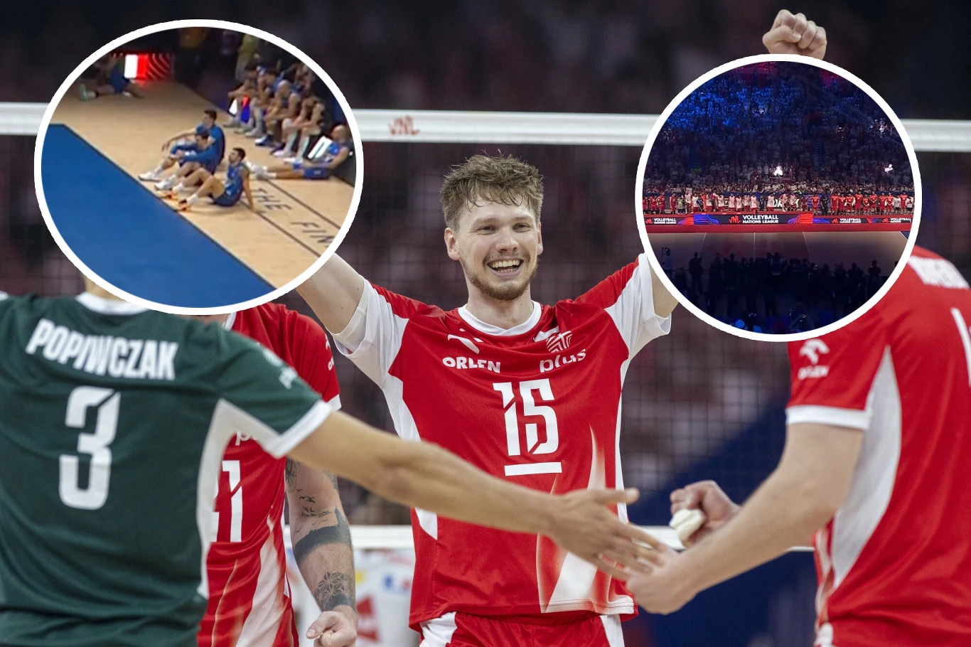 Dekoracja podczas tegorocznej Ligi Narodów wywołała skandal. Tak wyglądała w 2023 roku (na zdjęciu: Jakub Kochanowski) Siatkarz w czerwono-białym stroju z numerem 15 cieszy się ze zwycięstwa na boisku, w tle inni zawodnicy drużyny, po bokach zbliżenia na zawodników przeciwników siedzących na ławce oraz widownię kibiców na trybunach.