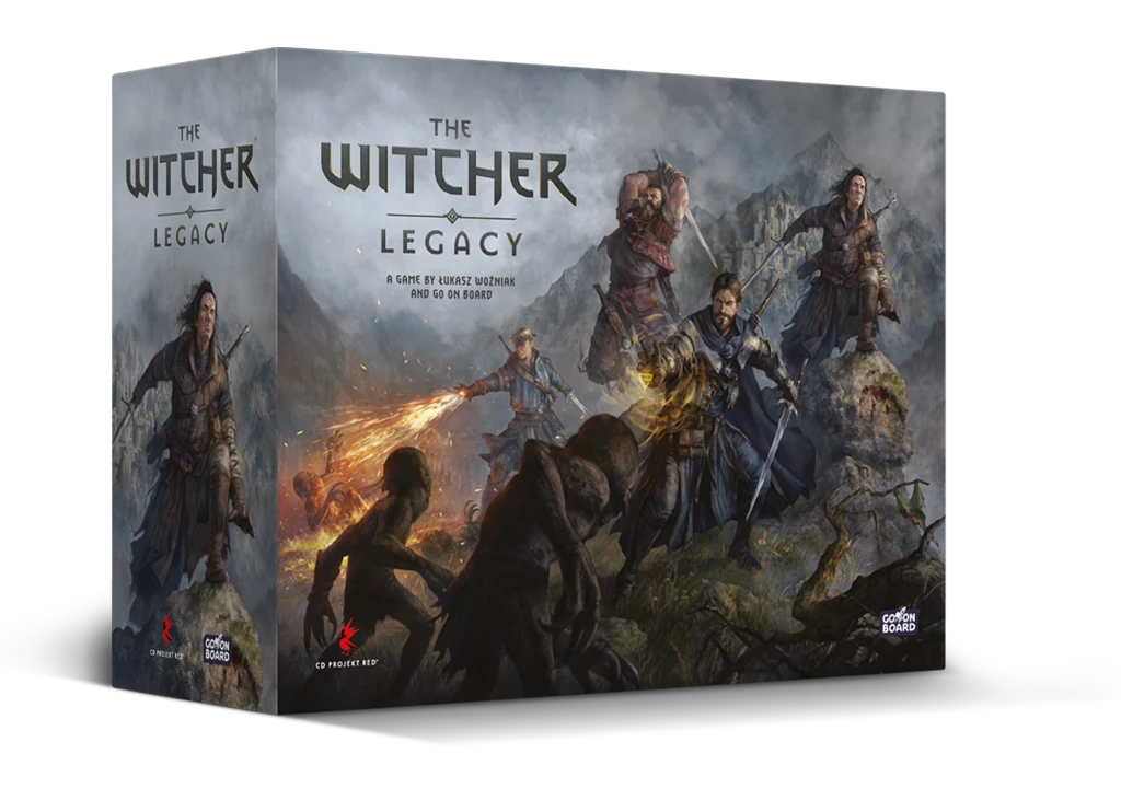 Opakowanie gry planszowej The Witcher Legacy ozdobione ilustracją kilku postaci walczących z potworami, w tle górski krajobraz oraz dynamiczne sceny batalistyczne.