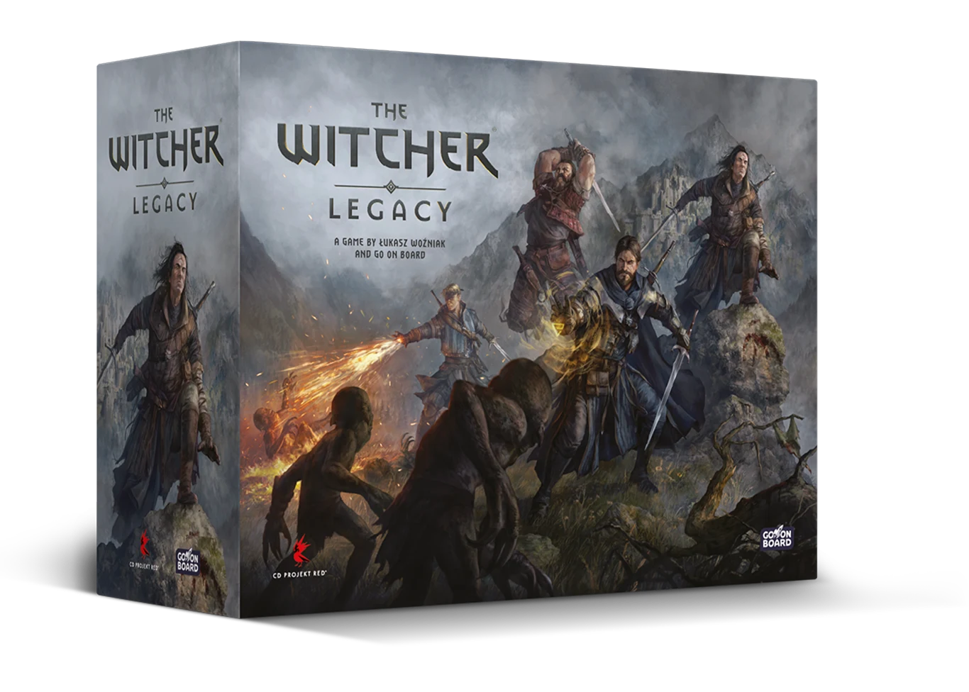 Wiedźmin: Legacy Opakowanie gry planszowej The Witcher Legacy ozdobione ilustracją kilku postaci walczących z potworami, w tle górski krajobraz oraz dynamiczne sceny batalistyczne.