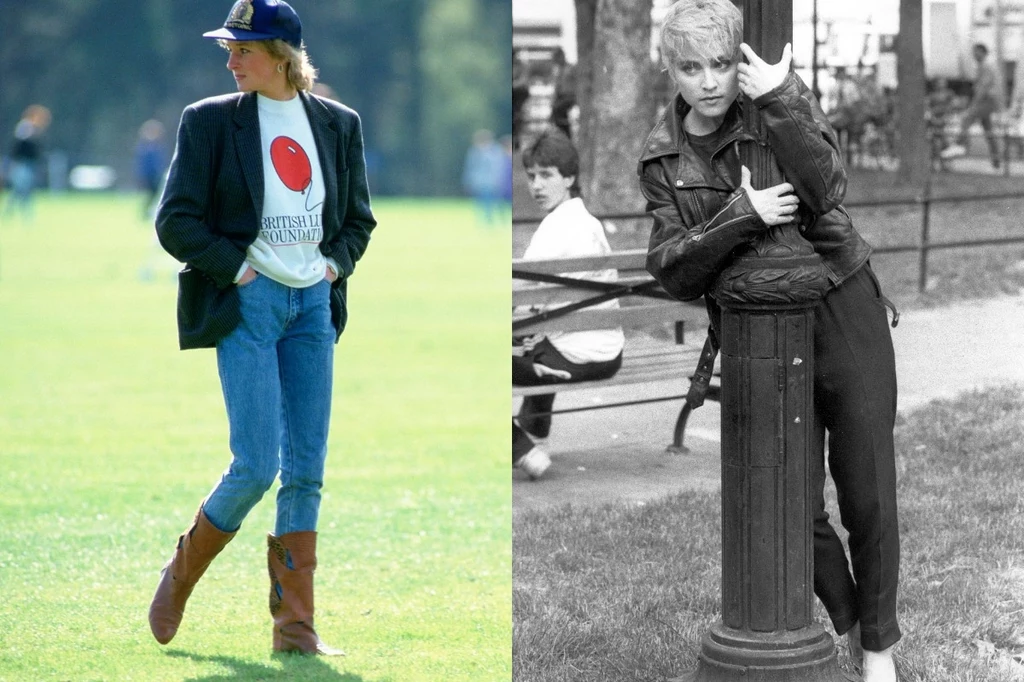 Dwie kobiety w stylizacjach z lat 80. Jedna z nich stoi na trawie ubrana w jasne jeansy, kowbojskie buty, biały t-shirt i marynarkę z czapką z daszkiem na głowie. Druga pozuje przy latarni w parku w monochromatycznym, czarnym ubiorze i skórzanej kurtce...