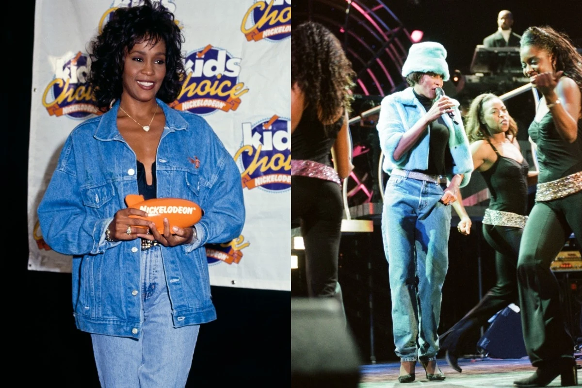 Najmodniejsze stylizacje Whitney Houston. Fot. Mirrorpix, Darlene Hammond Kobieta w dżinsowej kurtce i spodniach trzyma pomarańczowy napis Nickelodeon na tle logotypów Kids' Choice oraz scena podczas występu, gdzie kobieta w niebieskim nakryciu głowy śpiewa, a wokół niej tańczą i śpiewają kobiety w błyszczących strojach.