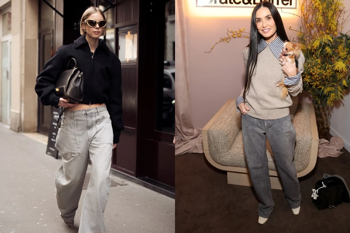 Jak nosimy Barrel jeans w 2025 roku. Fot. Phillip Faraone, Raimonda Kulikauskiene Dwie kobiety ubrane w luźne, szerokie spodnie, jedna pozuje na ulicy z dużą torebką, druga stoi w pomieszczeniu z małym psem na rękach.