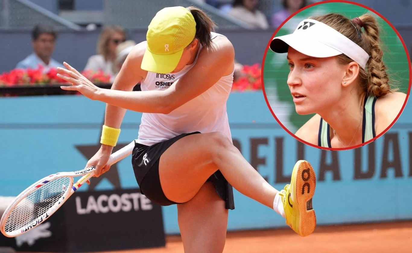 Jelena Rybakina (na małym zdj.) to królowa asów serwisowych. Iga Świątek nad skutecznością podania musi jeszcze popracować Zawodniczka tenisowa odbijająca piłkę w dynamicznym ruchu, z widoczną koncentracją na twarzy, w tle fragmenty trybun i reklamy turnieju oraz w okrągłej ramce zbliżenie twarzy innej zawodniczki.