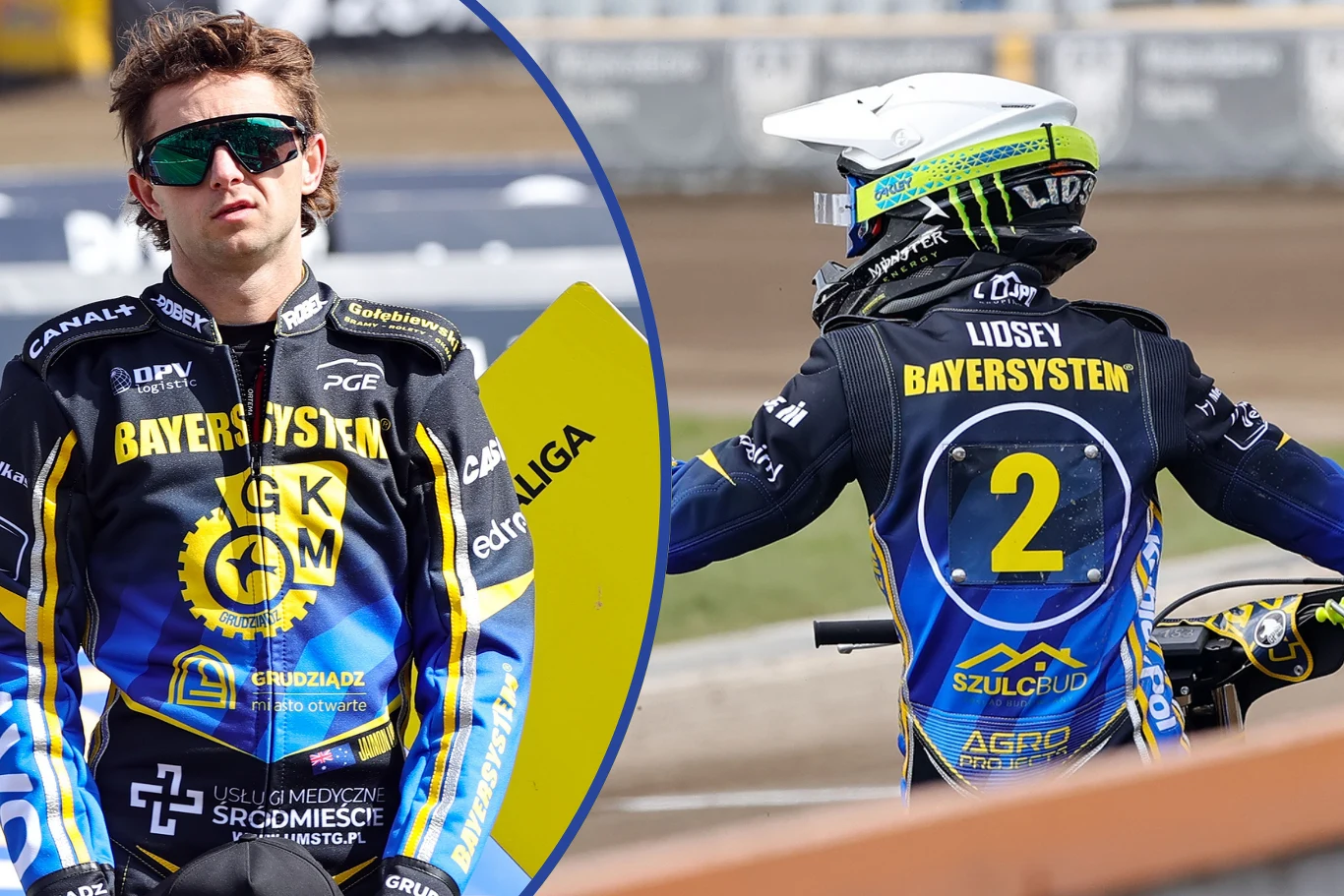 Zawodnik żużlowy w stroju sportowym z wyeksponowanym logotypem sponsora oraz numerem startowym na plecach, obok znajduje się zbliżenie na twarz sportowca ubranego w okulary przeciwsłoneczne, na torze żużlowym.