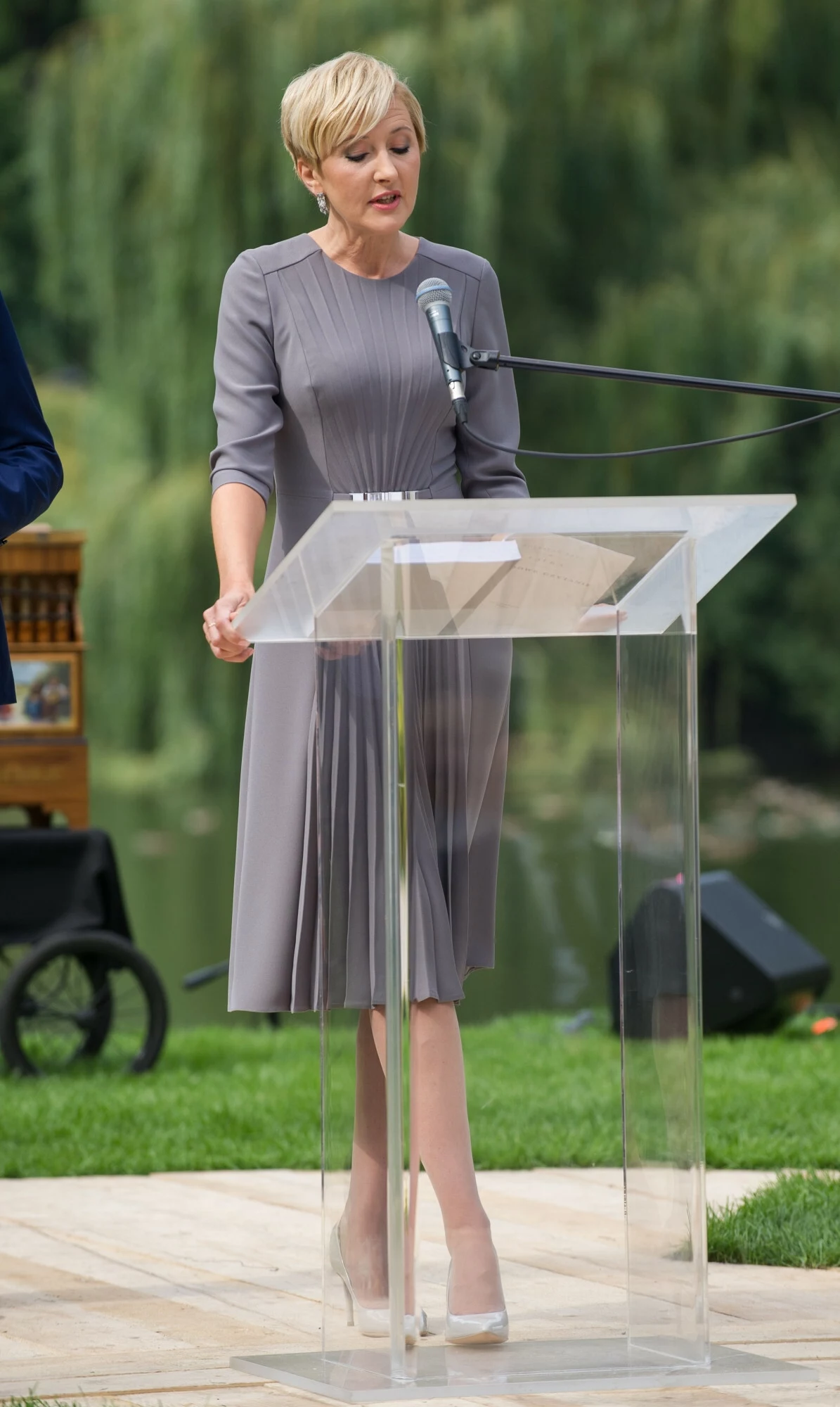 Agata Duda w 2015 roku Kobieta w szarej sukience przemawia przy przezroczystej mównicy ustawionej na zewnątrz, trzymając jedną ręką mównicę, a drugą mikrofon. W tle widoczne drzewa i fragment parku.