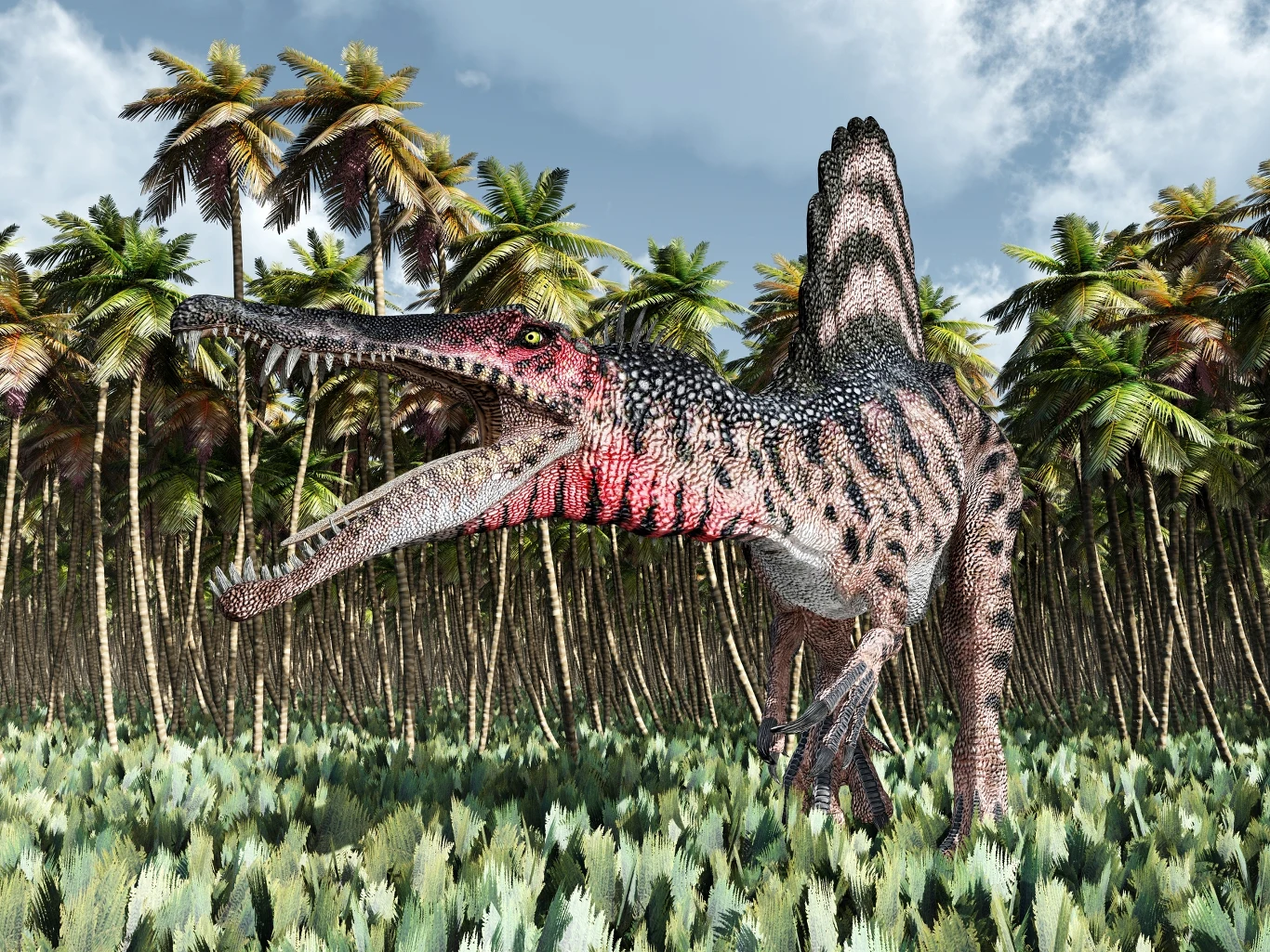 Duży dinozaur spinozaur z otwartą paszczą na tle gęstego lasu palmowego oraz nieba z częściowym zachmurzeniem, jasna roślinność pokrywa ziemię wokół zwierzęcia.