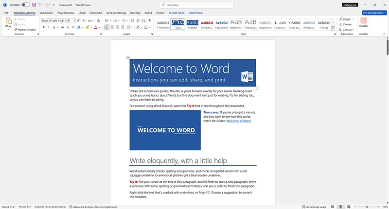 Dostęp do wszystkich popularnych programów znanych z pakietów Office Ekran programu Microsoft Word z otwartym dokumentem powitalnym, zawierającym instrukcje i porady dotyczące korzystania z edytora tekstu, widoczne są nagłówki, tekst, grafika oraz interfejs użytkownika z paskiem narzędzi na górze.