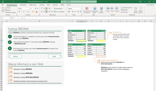 Microsoft Office LTSC 2021 Professional Plus Interfejs programu Microsoft Excel z otwartym samouczkiem dotyczącym używania funkcji ŚREDNIA, tabele z przykładami danych liczbowych, menu narzędziowe i sekcja pomocy ze szczegółowymi instrukcjami dotyczącymi wykorzystania funkcji.