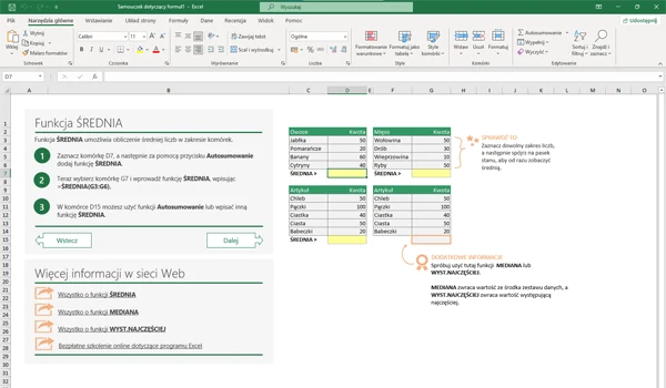Microsoft Office LTSC 2021 Professional Plus Interfejs programu Microsoft Excel z otwartym samouczkiem dotyczącym używania funkcji ŚREDNIA, tabele z przykładami danych liczbowych, menu narzędziowe i sekcja pomocy ze szczegółowymi instrukcjami dotyczącymi wykorzystania funkcji.