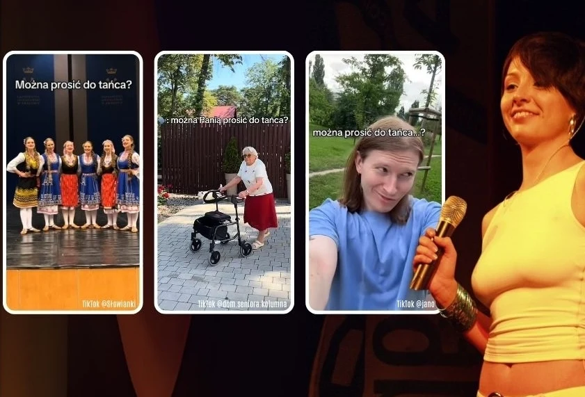 Cztery panele z różnymi osobami i zapytaniem 'Można prosić do tańca?': grupa kobiet w ludowych strojach na scenie, starsza kobieta z chodzikiem na dworze, młoda kobieta robiąca selfie w plenerze oraz kobieta ze słuchawką mikrofonową śpiewająca lub mówi...
