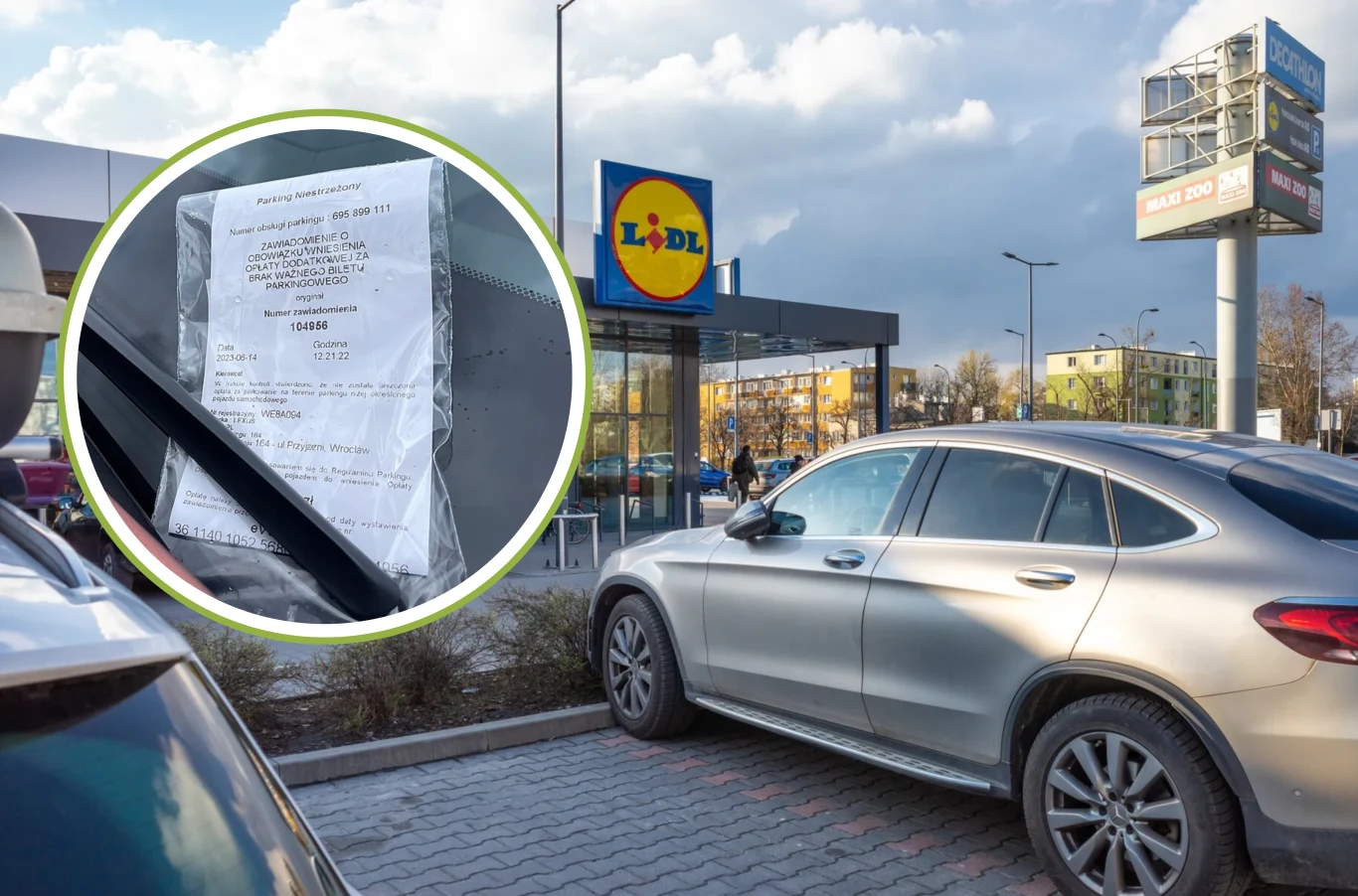 Prywatne firmy parkingowe wystawiają wezwania za naruszenie regulaminu postoju. Samochód zaparkowany przed sklepem Lidl, zbliżenie na paragon umieszczony za wycieraczką samochodu. W tle widoczne wejście do marketu oraz fragment parkingu.