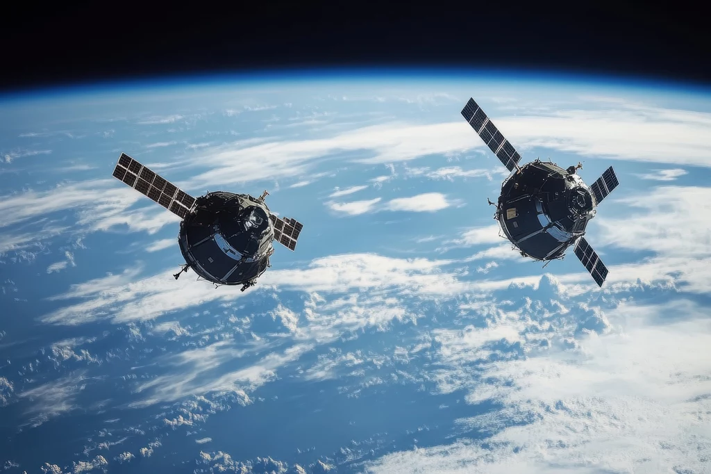Dwa satelity z widocznymi panelami słonecznymi unoszą się nad powierzchnią Ziemi, z wyraźnie widoczną krzywizną planety oraz chmurami w tle.