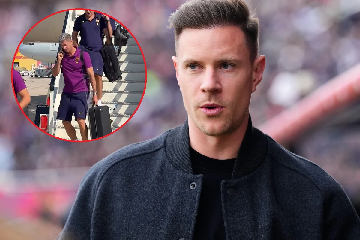 Marc-Andre ter Stegen, Robert Lewandowski Portret mężczyzny z krótkimi włosami w ciemnej kurtce na pierwszym planie, w tle rozmyte postaci i stadion. W rogu widoczna wstawka z osobą schodzącą po schodach samolotu trzymającą walizkę i rozmawiającą przez telefon.