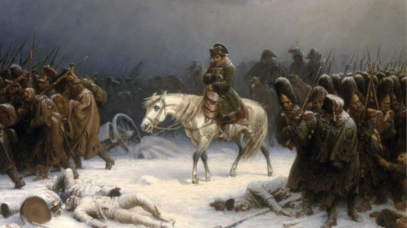 Podczas kampanii w Rosji w 1812 roku Napoleon Bonaparte stracił setki tysięcy żołnierzy Ciemna, zimowa sceneria z marznącymi żołnierzami otaczającymi centralną postać na białym koniu, widoczne rozrzucone ciała poległych, dramatyczna atmosfera podkreślona surowym krajobrazem i ponurymi minami postaci.