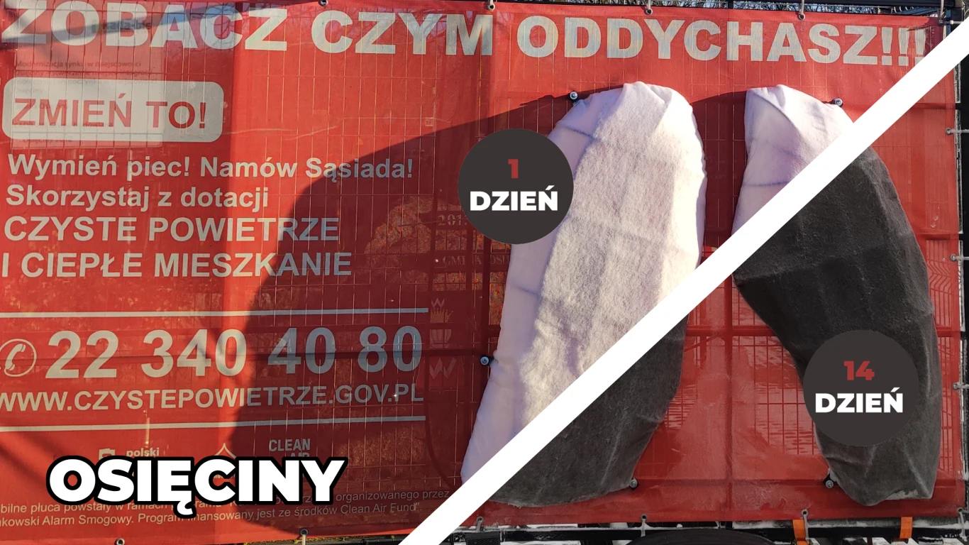 Baner informacyjny pokazujący porównanie białych płuc po jednym dniu oraz po czternastu dniach, gdzie po lewej stronie płuca są białe i czyste, natomiast po prawej stronie stają się ciemniejsze i zabrudzone. Obok tekst informacyjny i telefon kontaktowy...