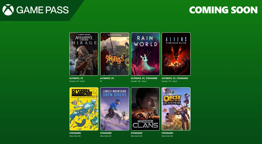 Okładki kilku gier komputerowych prezentowane na zielonym tle z logo Game Pass oraz napisem Coming Soon, w centrum widoczne kolorowe grafiki promujące poszczególne tytuły takie jak Assassin’s Creed, 9 Kings, Rain World, Alien, Superspace, Lonely Mounta...