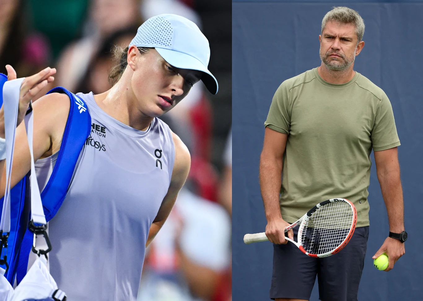 Młoda kobieta w sportowej odzieży i czapce z daszkiem z torbą na ramieniu znajduje się po lewej stronie zdjęcia, po prawej stronie mężczyzna z siwą brodą w zielonej koszulce i krótkich spodenkach trzyma w ręku rakietę tenisową oraz piłkę, oboje wygląda...