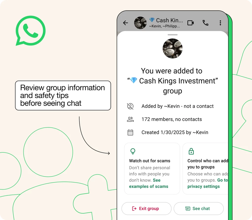 Interfejs aplikacji WhatsApp z widocznym ekranem dodania do grupy pod nazwą 'Cash Kings Investment', informacja o liczbie członków oraz ostrzeżenie dotyczące bezpieczeństwa i możliwości występowania oszustw