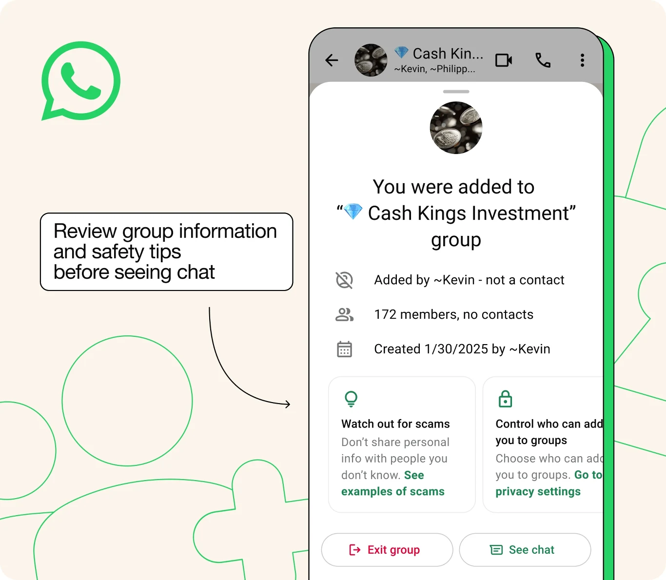 Nowe powiadomienia Anti-Scam. WhatsApp będzie ostrzegał przed podejrzanymi grupami i czatami Interfejs aplikacji WhatsApp z widocznym ekranem dodania do grupy pod nazwą 'Cash Kings Investment', informacja o liczbie członków oraz ostrzeżenie dotyczące bezpieczeństwa i możliwości występowania oszustw