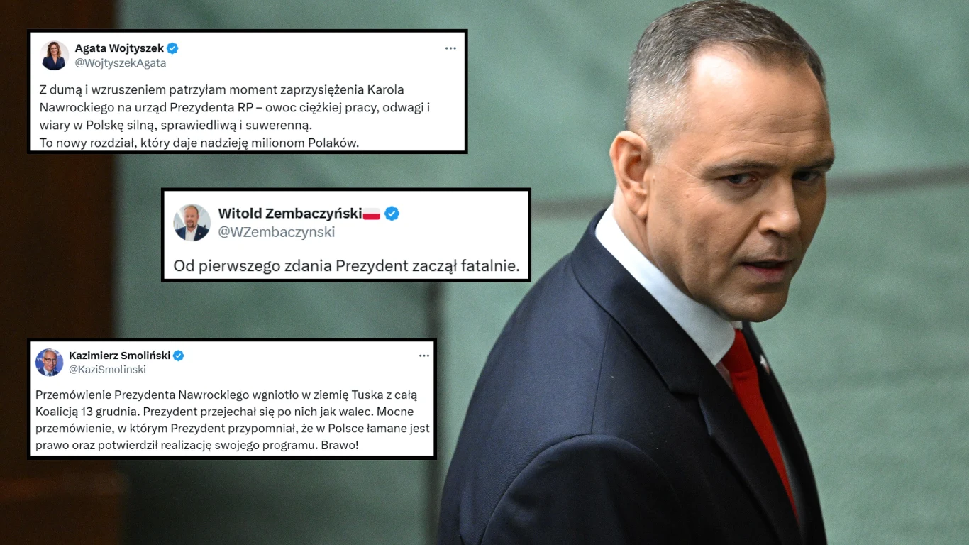 Komentarze po pierwszym orędziu Karola Nawrockiego Zbliżenie na mężczyznę w garniturze na tle rozmytego wnętrza, obok widoczne wpisy z mediów społecznościowych komentujące polityczne wydarzenie związane z objęciem urzędu prezydenta. Najważniejsze elementy to wyraz twarzy mężczyzny sugerujący powagę syt...