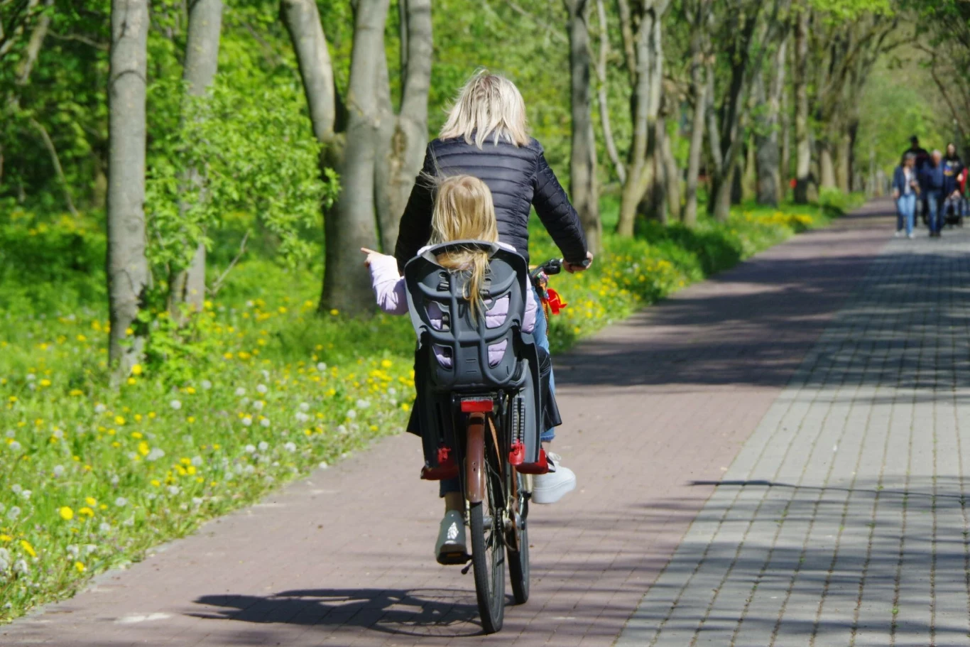 Mandaty za jadę bez kasku na rowerze. Podano konkretne propozycje Matka jedzie rowerem po ścieżce rowerowej przez park, przewożąc dziecko w foteliku rowerowym, po bokach asfaltowej ścieżki rosną zielone drzewa i żółte kwiaty, w tle widać innych rowerzystów.