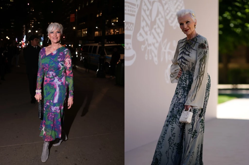 Stylowa influencerka, która zmienia świat mody. Fot. Jeremy Moeller, Edward Berthelot Starsza kobieta z krótkimi, siwymi włosami prezentuje się w dwóch eleganckich stylizacjach – po lewej w kolorowej sukience w kwiatowe wzory i jasnych butach, po prawej w długiej, szarej sukni z roślinnymi motywami i białą kopertówką.