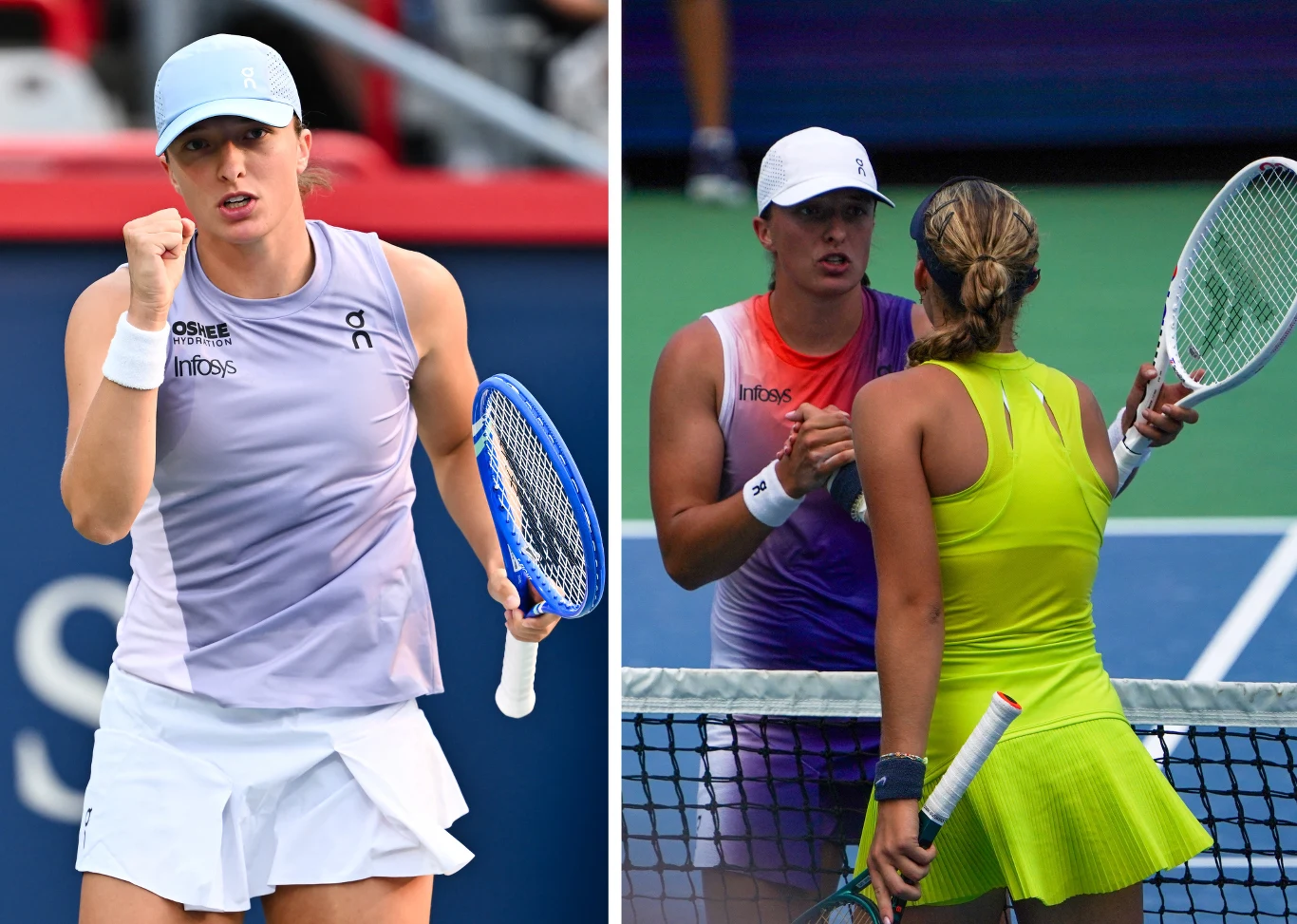 Dwie sceny z turnieju tenisowego, po lewej zawodniczka w fioletowej koszulce i białej czapce zaciska pięść w geście triumfu, po prawej dwie zawodniczki podają sobie ręce przy siatce po zakończonym meczu.