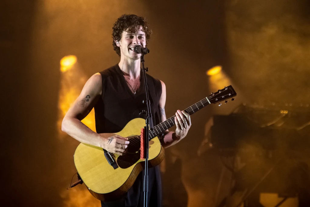 Młody mężczyzna śpiewający i grający na gitarze akustycznej na scenie, z mikrofonem przed sobą, w tle widoczne żółte światła oraz dym sceniczny podkreślający koncertową atmosferę.