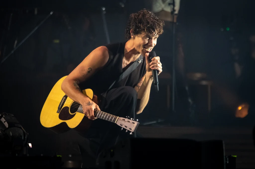 Młody mężczyzna z gitarą akustyczną śpiewa do mikrofonu podczas koncertu, sceniczne oświetlenie podkreśla dynamiczną atmosferę występu, wokół panuje półmrok.