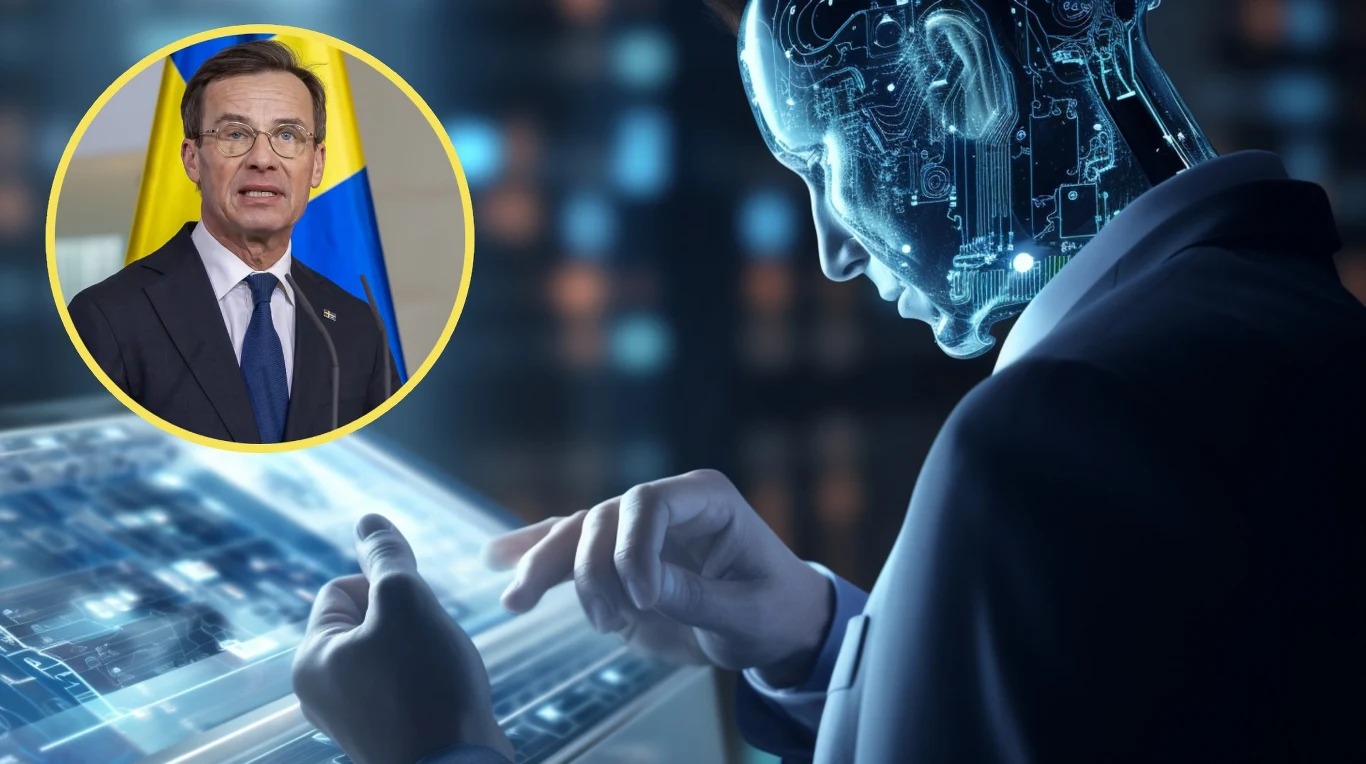 Premier Szwecji regularnie konsultuje się z narzędziami AI. Czy ma do tego prawo? Postać humanoidalnego robota analizującego interaktywny ekran dotykowy z cyfrowymi danymi, w lewym górnym rogu okrągłe wstawienie z portretem mężczyzny w garniturze na tle flagi.